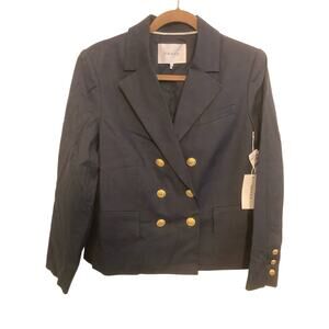 Frame Double Breasted Crop Blazer Jacket Sz 6 Navy NWT Linen Blend gold Nautical